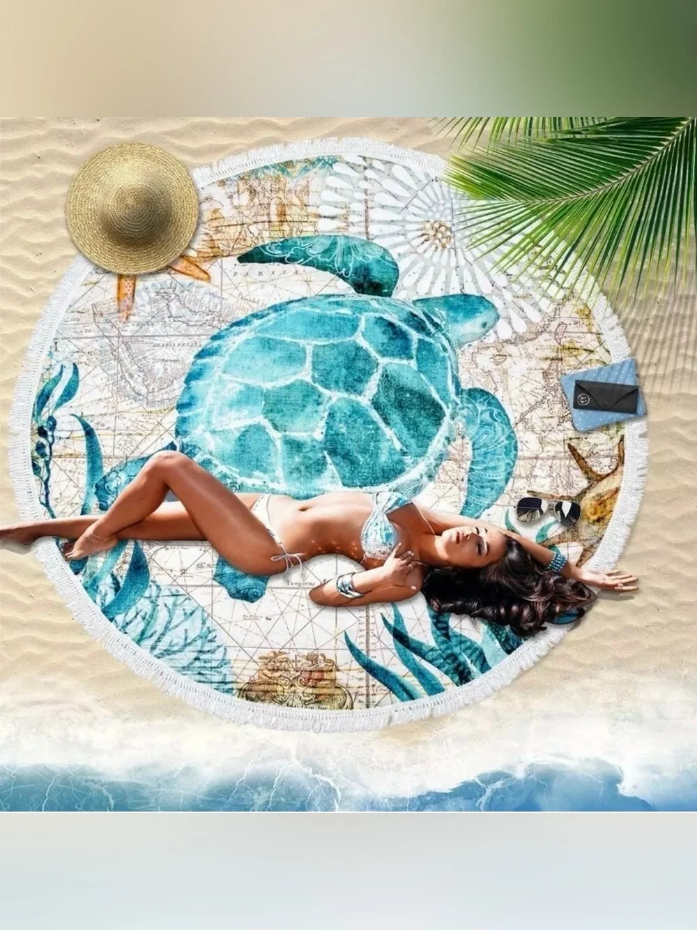 Extra Large Round Beach Towel Blanket * Sea Turtle * Tassel Fringe * 60